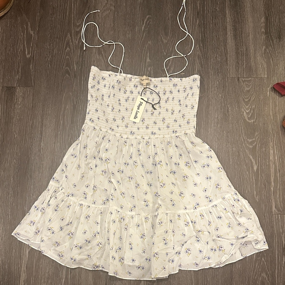 White floral smocked tie shoulder sun dress